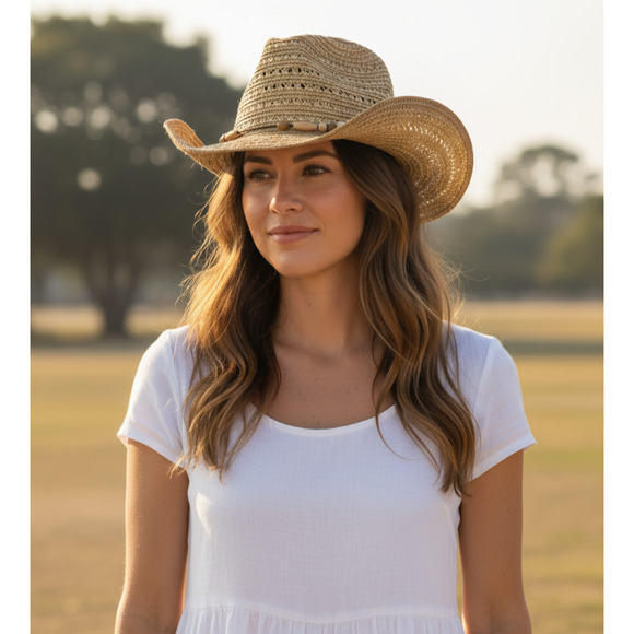 Natural Raffia Straw Cowboy Hat Wooden Beaded Band Tassel Packable Festival OSFM - Picture 1 of 10